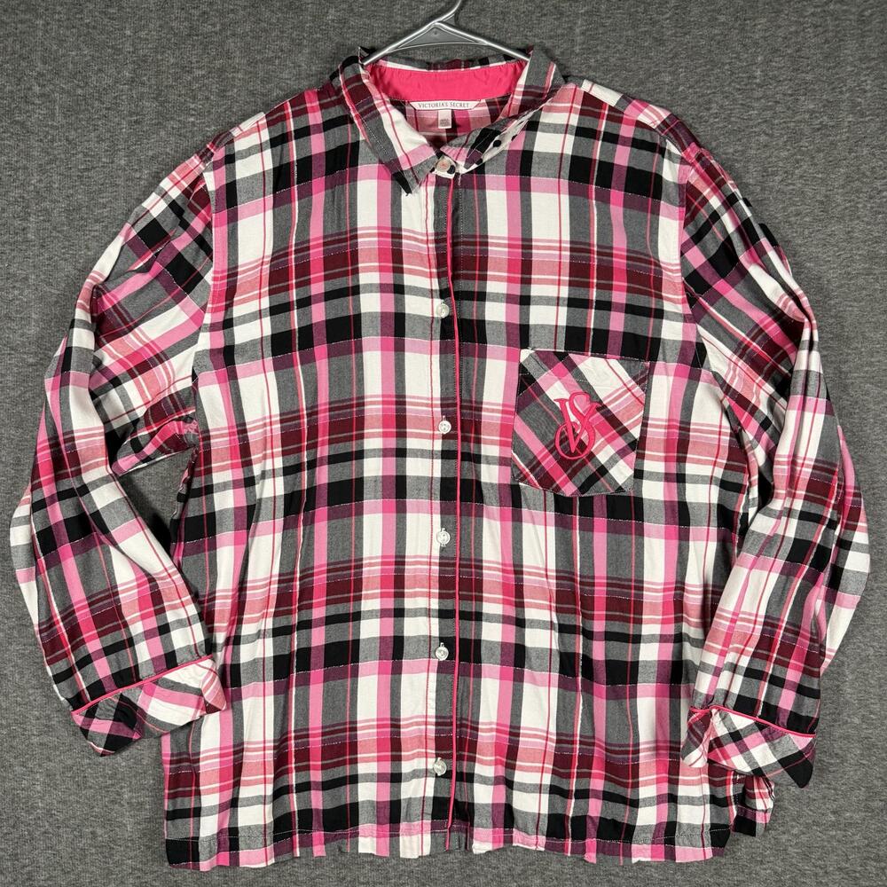 Victoria's Secret Pajama Top Womens Large Pink Plaid Flannel Button Front Y2K